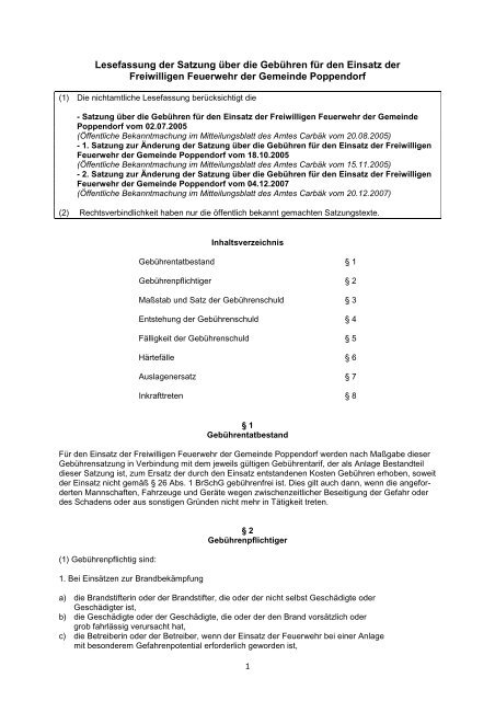 LESEFASSUNG Ffw-Gebührensatzung Poppendorf - Amt Carbäk