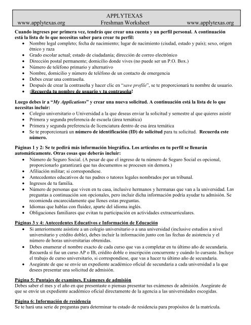 APPLYTEXAS www.applytexas.org Freshman Worksheet www ...