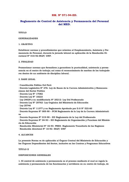 RM. Nº 571-94-ED. Reglamento de Control de Asistencia ... - Ugel 05