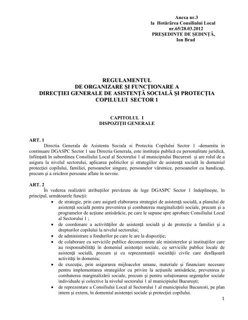Anexa 3 la HCL nr. 65 / 2012 - Primăria Sectorului 1