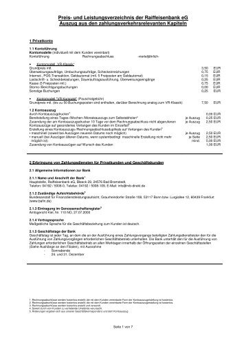 Preis- und Leistungsverzeichnis der Raiffeisenbank eG Auszug aus ...