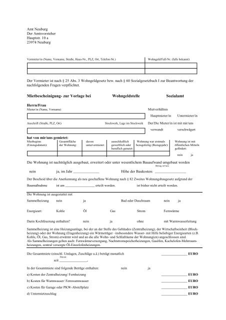 Mietbescheinigung Vorlage Einwohnermeldeamt