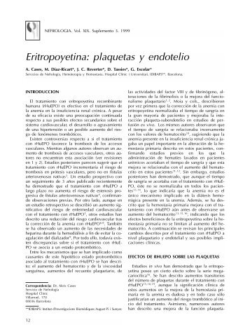 Eritropoyetina: plaquetas y endotelio - Revista Nefrologia