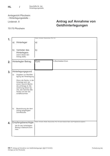 Antrag auf Annahme von Geldhinterlegungen - Amtsgericht Pforzheim