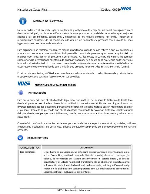 orientaciones para el curso historia de costa rica código: 00069 ...