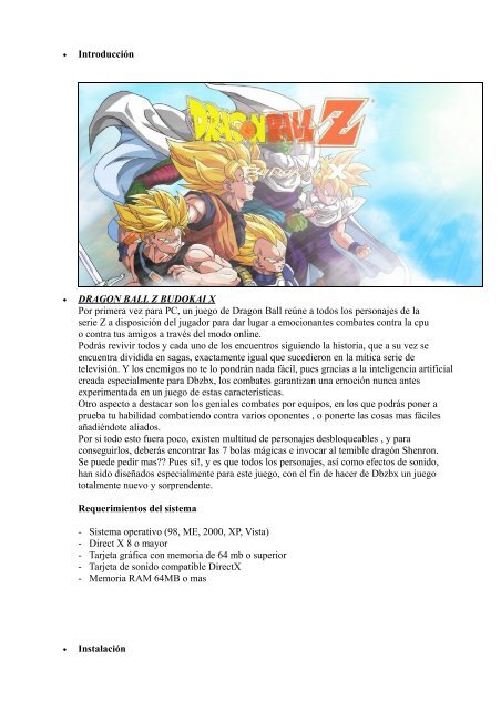 Introducción DRAGON BALL Z BUDOKAI X Por ... - YoYo Games