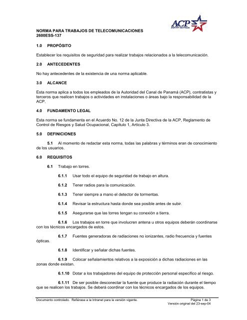 Norma para Trabajos de Telecomunicaciones - Canal de Panamá