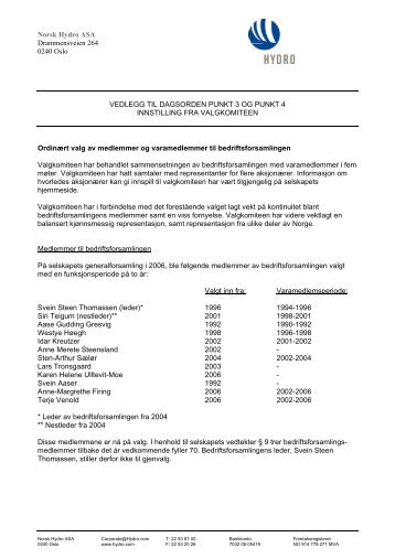 Norsk Hydro ASA Drammensveien 264 0240 Oslo VEDLEGG TIL ...