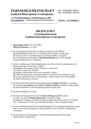 Richtlinien Fernsehgemeinschaft Hinterglemm - Saalbach.NET
