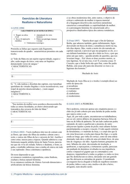 Os 20 Melhores Exercícios sobre Naturalismo com Gabarito