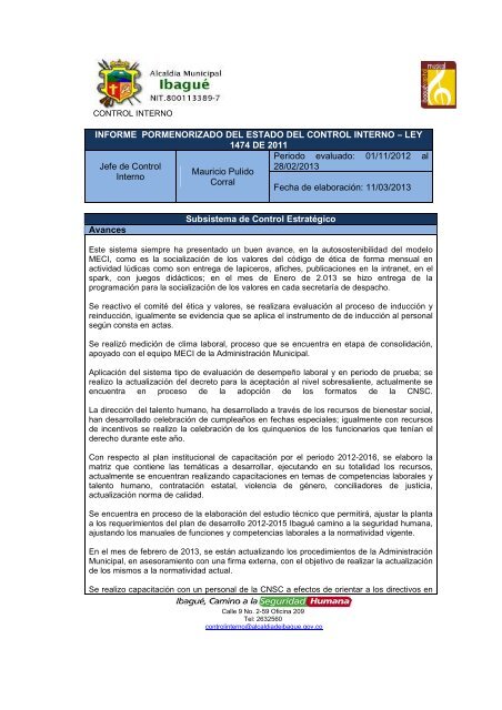 informe estado del control interno marzo 2013 - Alcaldía de Ibagué