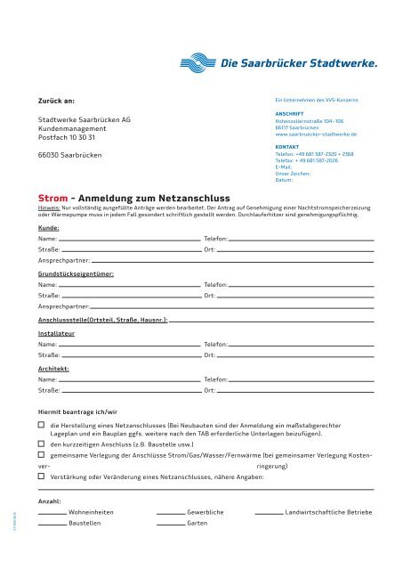 strom - Anmeldung zum netzanschluss - Stadtwerke Saarbrücken