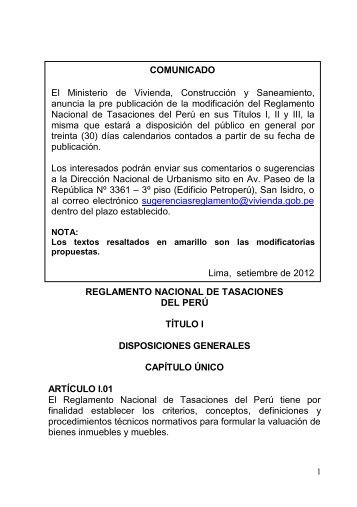 COMUNICADO REGLAMENTO NACIONAL DE TASACIONES DEL ...