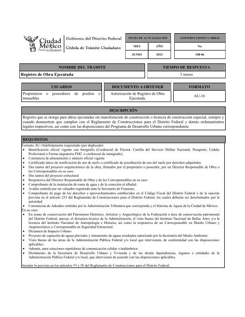 Registro de Obra Ejecutada - Seduvi - Gobierno del Distrito Federal