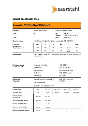 Material specification sheet Saarstahl - C22E (Ck22) - C22R (Cm22)