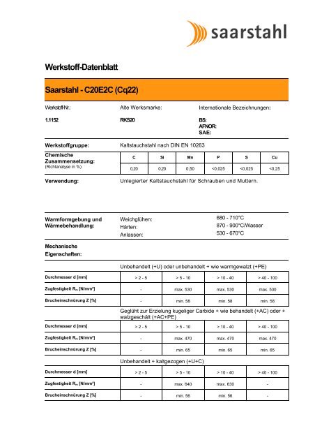 Werkstoff-Datenblatt Saarstahl - C20E2C (Cq22)