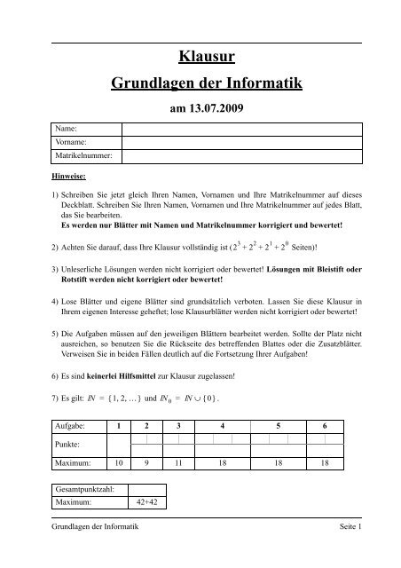 Uni Augsburg Informatik Klausuren Klausur Grundlagen der Informatik - Saarpfalz-Gymnasium Homburg