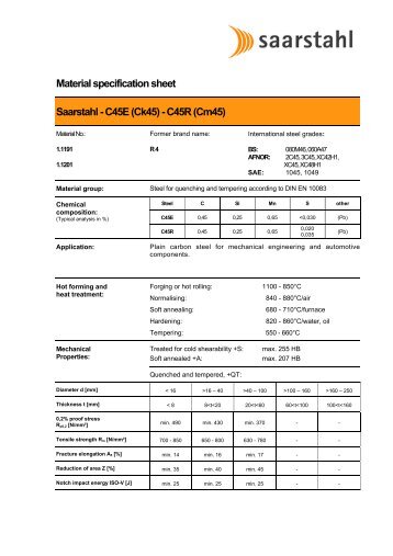 Material specification sheet Saarstahl - C45E (Ck45) - C45R (Cm45)