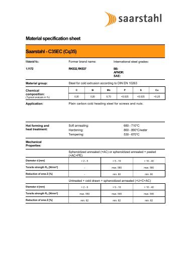 Material specification sheet Saarstahl - C35EC (Cq35)