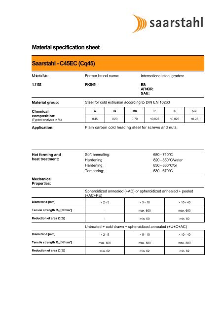 Material specification sheet Saarstahl - C45EC (Cq45)