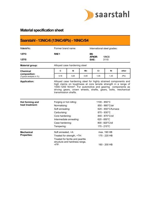Material specification sheet Saarstahl - 13NiCr6 (13NiCr6Pb ...