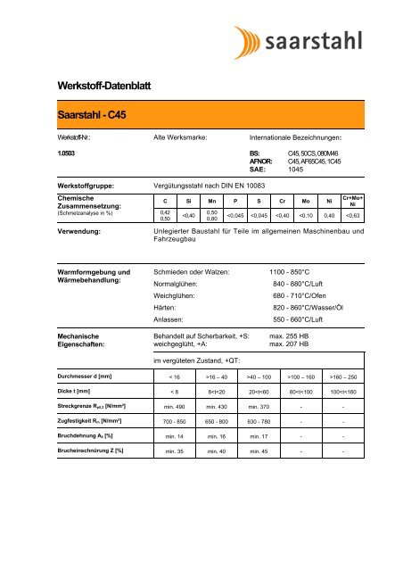 Werkstoff-Datenblatt Saarstahl - C45