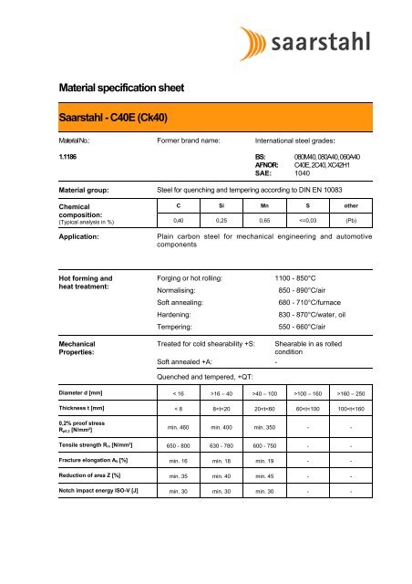 Material specification sheet Saarstahl - C40E (Ck40)