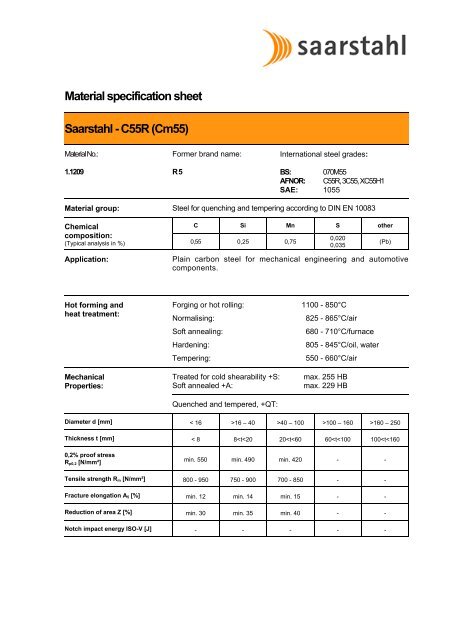 Material specification sheet Saarstahl - C55R (Cm55)