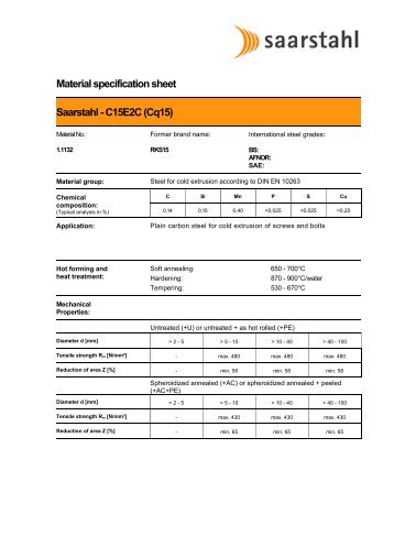 Material specification sheet Saarstahl - C15E2C (Cq15)