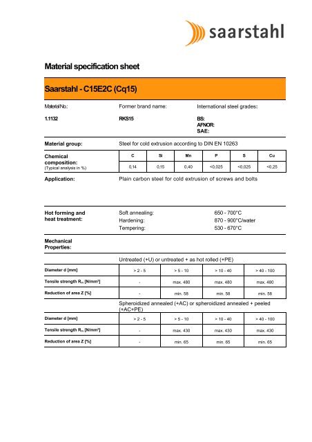 Material specification sheet Saarstahl - C15E2C (Cq15)