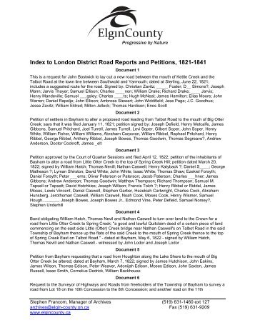 Index to London District Road Reports and Petitions ... - Elgin County