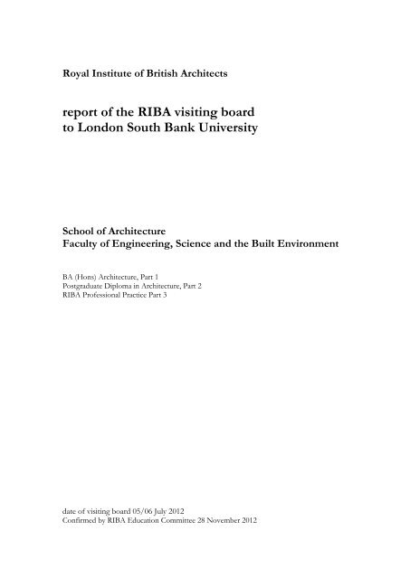 report of the RIBA visiting board to London South Bank University