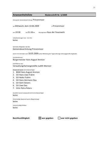 Anwesenheitsliste - Amt Hohner Harde