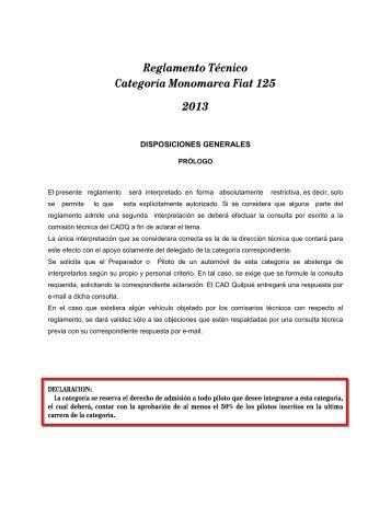 Reglamento Técnico Categoría Monomarca Fiat ... - CAD - Quilpue