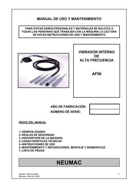 Manual vibradores internos de alta frecuencia AFIN - neumac