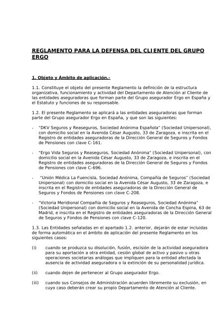 REGLAMENTO PARA LA DEFENSA DEL CLIENTE ... - DKV Directo