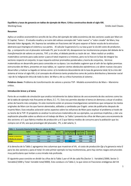 Equilibrio y tasas de ganancia en tablas de ... - Marxismo Crítico