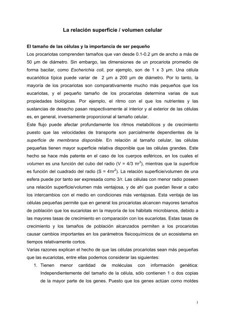 La relación superficie / volumen celular - Facultad de Agronomía