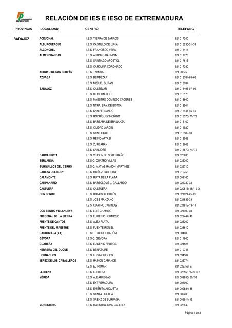 RELACIÓN DE IES E IESO DE EXTREMADURA