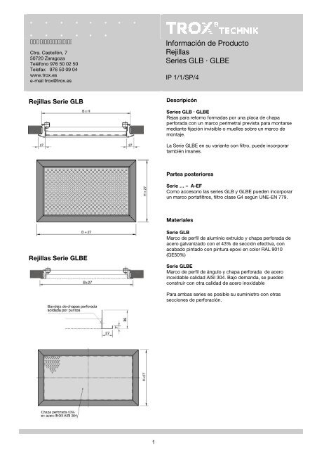 Información de Producto Rejillas Series GLB · GLBE - Trox