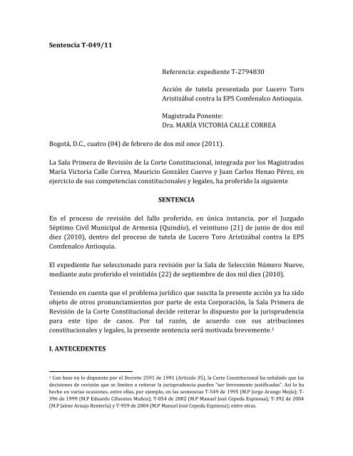 Sentencia T-049/11 Referencia: expediente T-2794830 Acción de ...