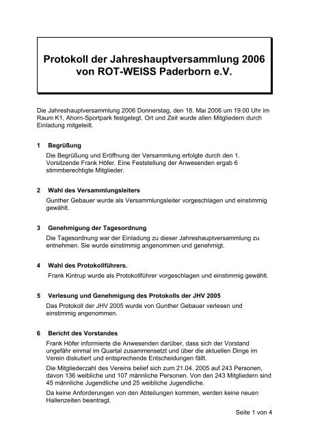 Jahreshauptversammlung 2006 - Rot-Weiss-Paderborn eV