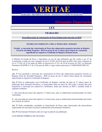 INSTRUÇÃO NORMATIVA MPA nº 09/2011-DOU: 05.08 - Veritae