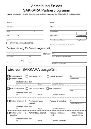 Anmeldung für das SAKKARA Partnerprogramm wird von SAKKARA ...