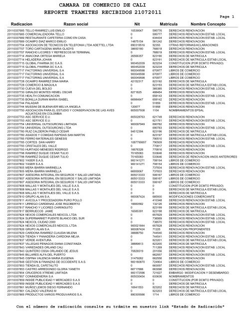 camara de comercio de reporte tramites recibidos 21072011 cali