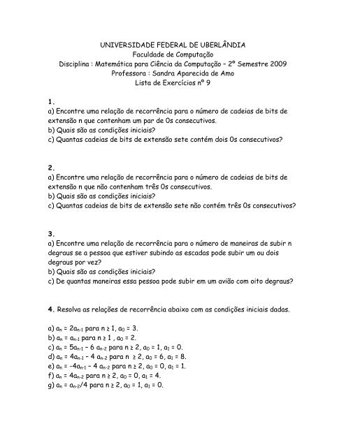 lista 9 - Sandra de Amo - Universidade Federal de Uberlândia