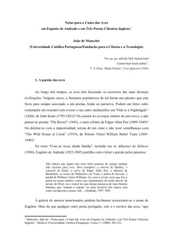 Notas para o Cantos das Aves em Eugénio de Andrade e em Três ...