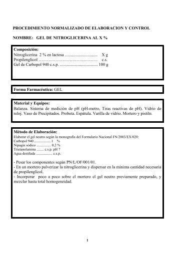 GEL DE NITROGLICERINA AL X % Composición