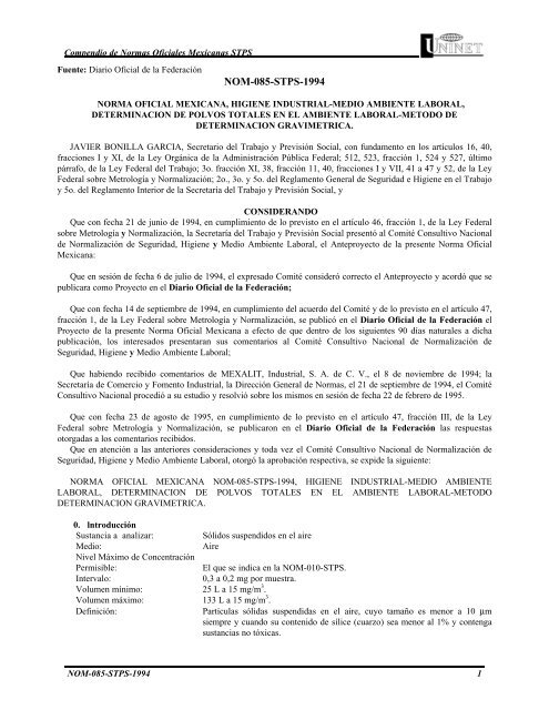NOM-085-STPS-1994 - LEGISMEX Legislación Ambiental Mexicana