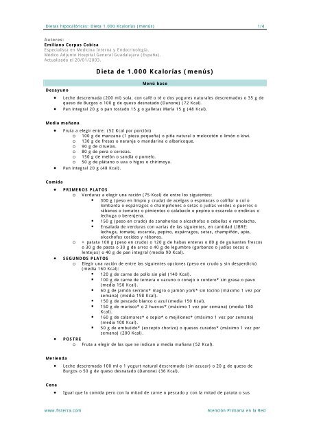 Dieta de 1.000 Kcalorías (menús) - Fisterra